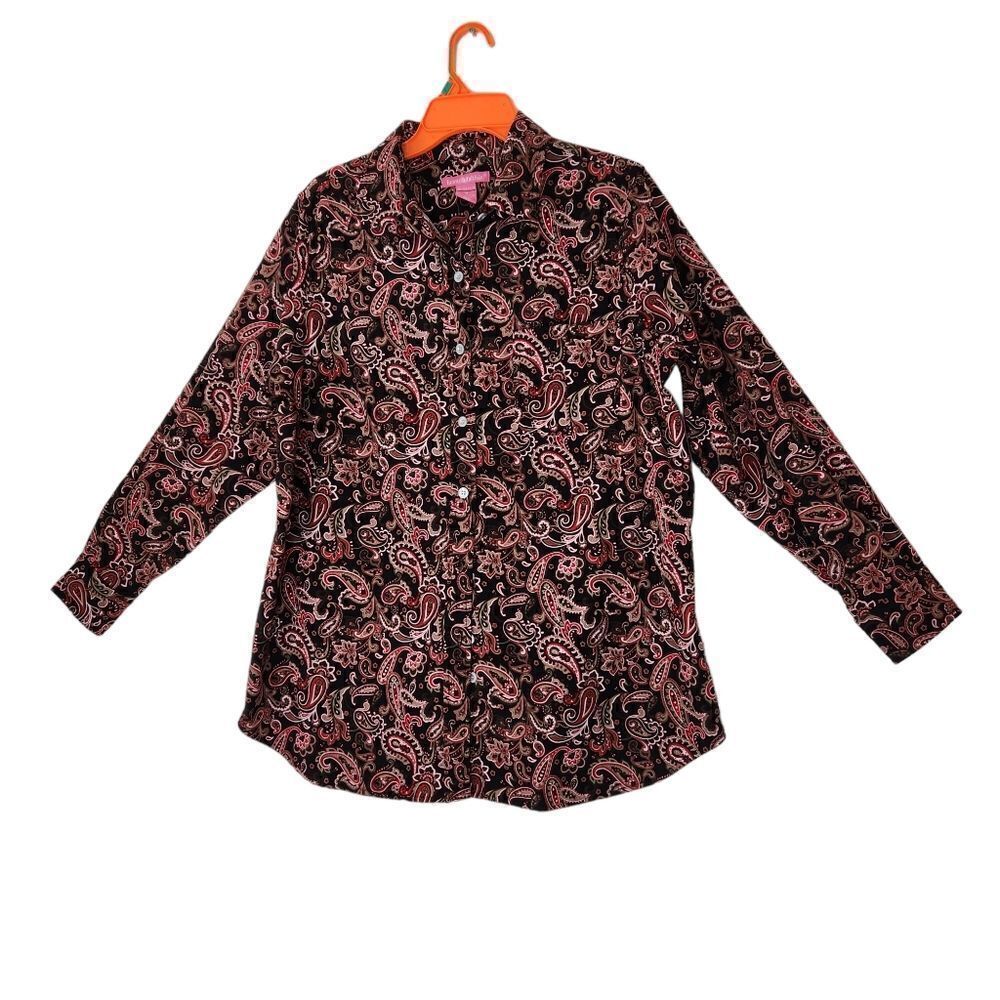Woman Within Button Up Shirt Medium Brownpaisley Long Sleeve Soft